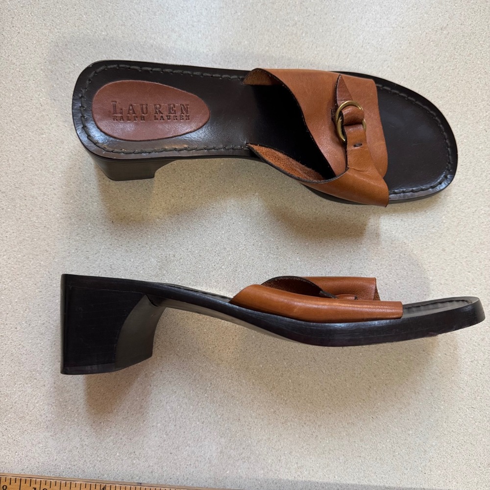 Lauren Ralph Lauren Brown Leather Block Heel Slide Sandals Buckle Mules 7.5B